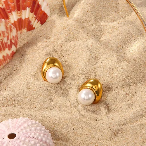 JDET292 18K gold plated stainless steel pearl drop earrings
