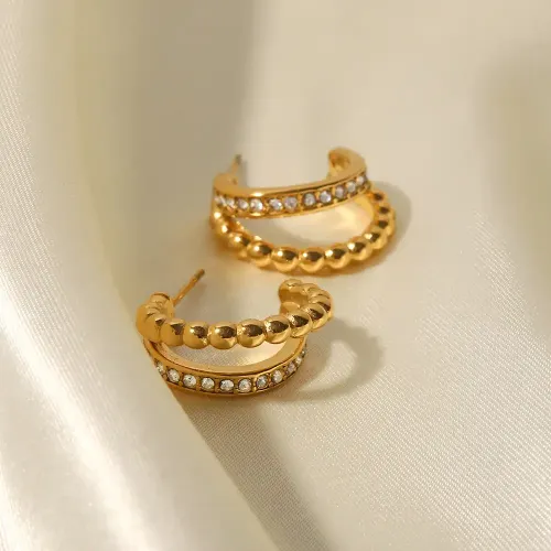 JDET190 Stainless steel C-shaped double-layered gold bead inlaid diamond earrings