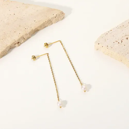 JDET313 Pearl Pendant Long Threaded Stainless Steel Chain Earrings