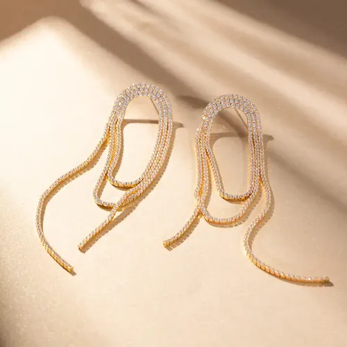 JDET459 Diamond-encrusted long geometric chain tassel design earrings for women