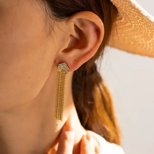 JDET695 16K gold stainless steel white zirconium long tassel stud earrings for women