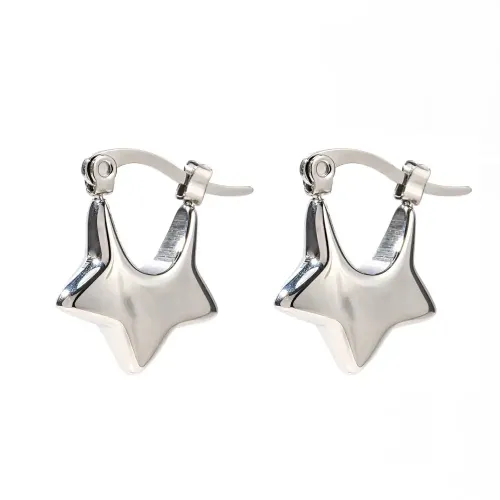 JDET694 Gold Plated Stainless Steel Star Hoop Earrings in White Gold with White Diamonds