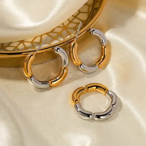 JDET721 Geometric 18K Gold Stainless Steel Two Color C Shape Flower Jewelry Wholesale