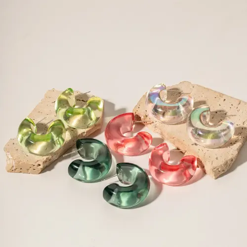 JDET948 Solid color transparent environmental protection resin semicircular steel needle earrings resin twist ring fashion wholesale