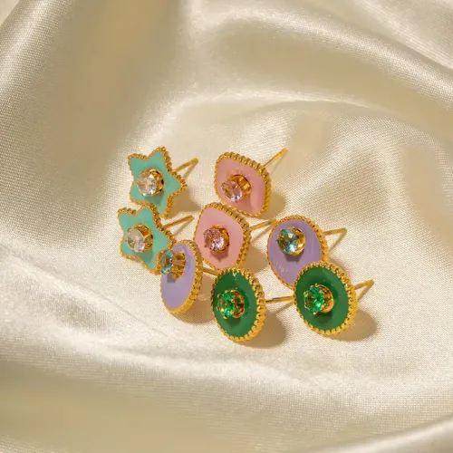 JDET577 Titanium steel 18k gold green five-pointed star white zircon earrings for women