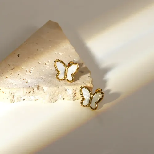 JDET311 18K gold natural white shell butterfly shape stainless steel earrings