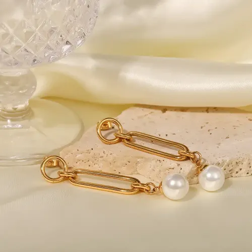 JDET209 18k gold plated stainless steel chain pearl drop earrings