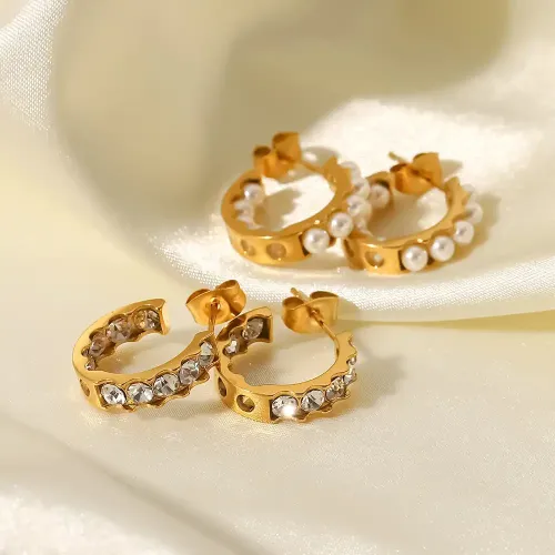 JDET946 Titanium steel women's pearl earrings 18k gold-plated zircon earrings jewelry