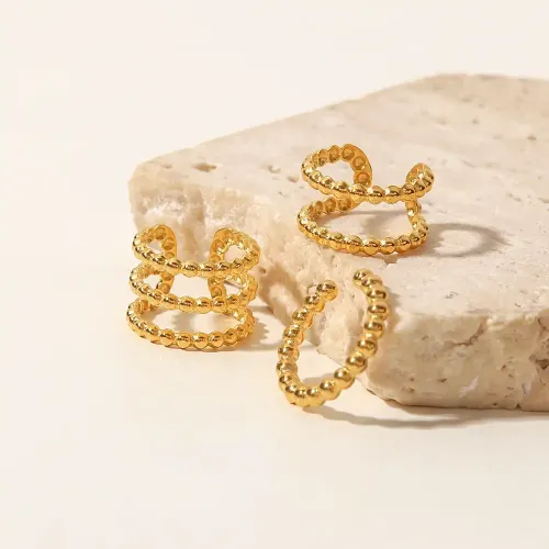 JDET168 Stainless steel small gold bead bean earrings and ear cuffs