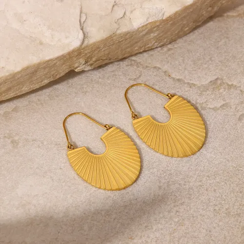 JDET589 18K gold stainless steel fan-shaped ribbed Beijing Normal University titanium steel geometric earrings jewelry for women