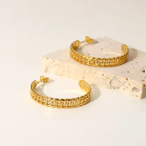 JDET328 18K Gold Plated Stainless Steel Circle Gold Cuban Chain C Shape Chain Earrings
