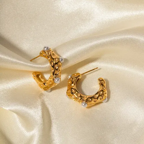 JDET707 Geometric C-shaped stainless steel earrings 18k gold stainless steel bead hammer pattern C-shaped
