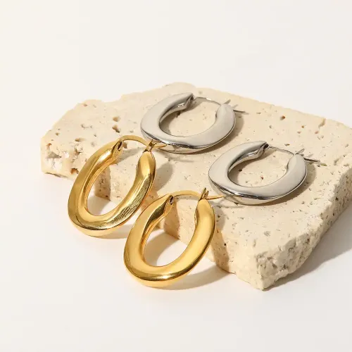JDET342 Colorless Thick Earrings Geometric Stainless Steel Irregular U-Shaped Oval Hoop Earrings