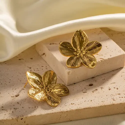 JDET436 Glossy Antique Gold Stainless Steel Flower Earrings