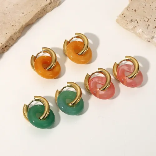 JDET547 Natural stone hoop earrings 14K gold plated stainless steel women's earrings