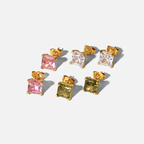 JDET886 18K Stainless Steel White/Pink/Tea Green Square Zircon Stud Earrings For Women