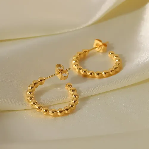 JDET887 Women's 18K Gold Stainless Steel Small Gold Bead Round Bead C Shape Earring Earrings Jewelry
