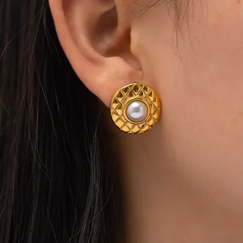 JDET400 18K gold plated fashionable diamond pattern inlaid pearl earrings