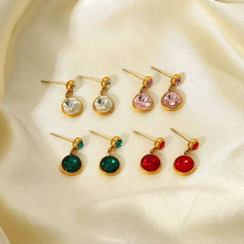 JDET484 18K Gold Plated Stainless Steel Round Zircon Pendant Earrings For Women