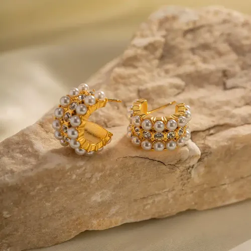 JDET474 18k gold stainless steel two rows of pearls and one row of diamond earrings