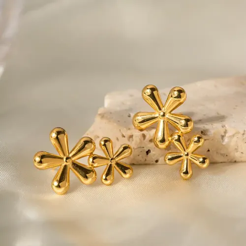 JDET485 18K Gold Stainless Steel Asymmetric Double Petal Flower Earrings Wholesale