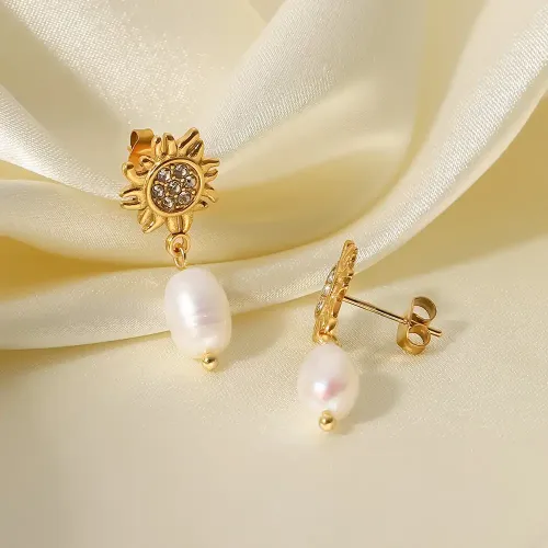 JDET259 18K gold sunflower set zircon freshwater pearl drop earrings