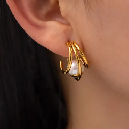 JDET401 18k gold plated fashionable stainless steel inlaid pearl earrings