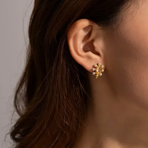 JDET706 18k Gold Stainless Steel Round Inlaid Zircon Pearl Stud Earrings Women Geometric Wholesale