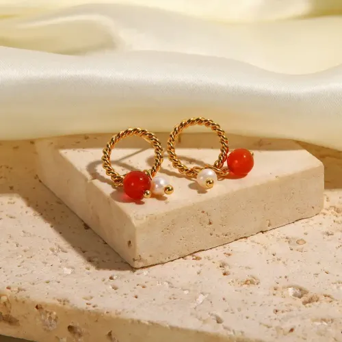 JDET164 Natural Onyx Freshwater Pearl Pendant Hollow Twist Round Earrings