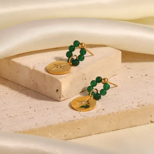 JDET398 18K Gold Plated Natural Stone Octagon Pendant Earrings