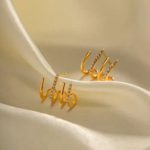 JDET439 18k gold stainless steel M-shaped two-row diamond non-fading niche design earrings