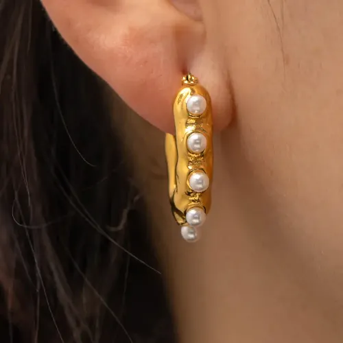 JDET404 18k Gold Irregular Wavy Texture Frosted Geometric Pearl Earrings