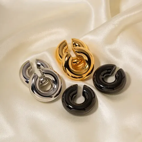 JDET741 18K Real Gold Stainless Steel Thick Cylindrical Tube Hollow Earring Ear Clip Jewelry Wholesale
