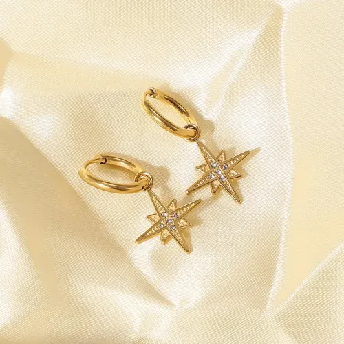 JDET343 Stainless steel 4K gold eight-pointed star set with five zircon pendant earrings