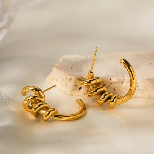 JDET606 18K Gold Plated Spiral Wound C Shape Earrings Wholesale