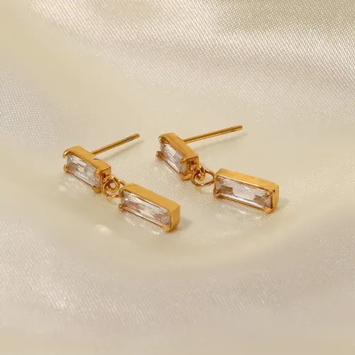 JDET796 Titanium Steel Women's 18K Gold Rectangular Zircon Pendant Earrings Accessories Jewelry