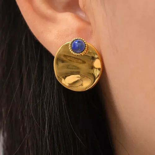 JDET947 18K Gold Plated Round Lapis Lazuli Stud Earrings