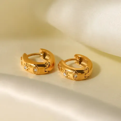 JDET942 18k Gold Plated Stainless Steel Star Devil's Eye Cubic Zirconia Chunky Inlaid White Diamond Hoop Earrings