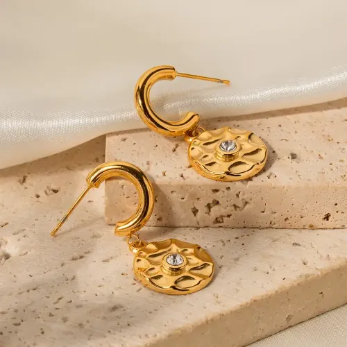 JDET548 Stainless steel 18K gold textured diamond round earrings for women
