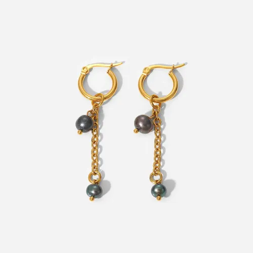 JDET296 Black Pearl Pendant Tassel 18K Gold Stainless Steel Hoop Earrings