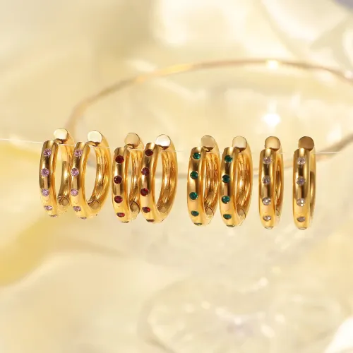JDET410 18K Gold Plated Stainless Steel Red/Pink/Green/White Zircon Inlaid Hoop Earrings