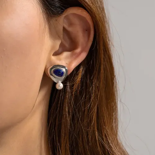 JDET698 18K Gold Plated Triangular Lapis Lazuli Pearl Stud Earrings