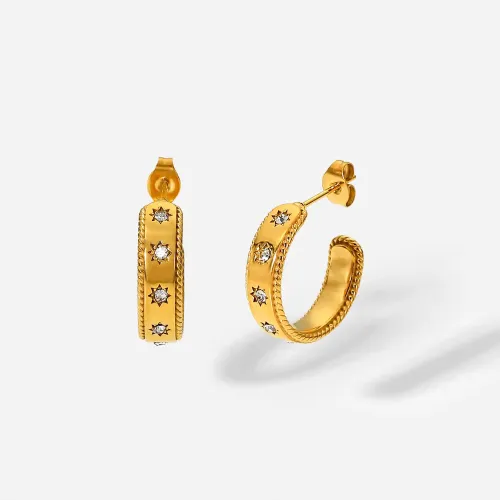 JDET321 18K gold inlaid star zircon flat wide C-shaped jewelry stainless steel earrings