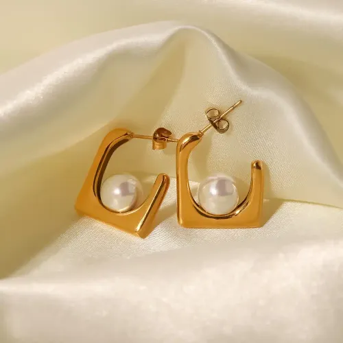 JDET217 Stainless Steel Square Spoon White Pearl Earrings