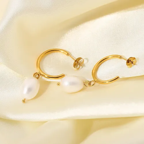 JDET361 18K gold-plated stainless steel hoop geometric pearl earrings