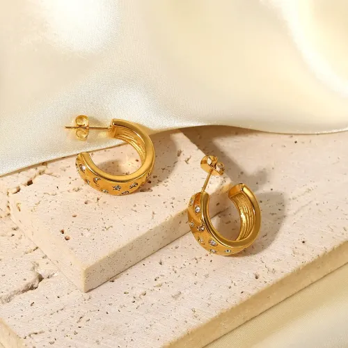 JDET334 Stainless Steel Hoop 18K Gold Paved Diamond Wide Face C Shape Earrings Jewelry