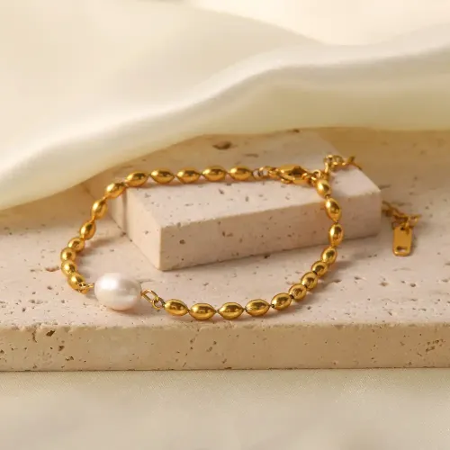 JDET757 Non-fading Natural Freshwater Pearl Oval Gold Peas Titanium Steel Bracelet/Necklace