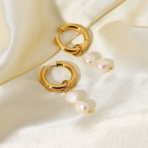 JDET427 18K Gold Plated Double Freshwater Pearl Pendant Double Gold Plated Stainless Steel Earrings