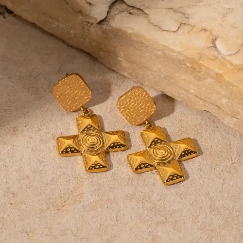JDET134 18k gold spiral cross pendant stainless steel geometric earrings