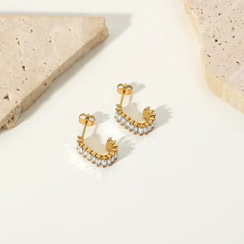 JDET312 18K Gold Stainless Steel Zircon Inlaid Geometric Stud Earrings